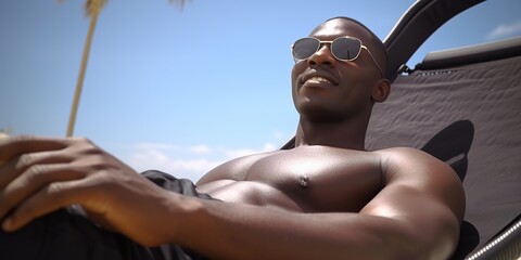 Shot capturing a full body low angle view of a gorgeous buff African American athlete, showcasing strength and fitness