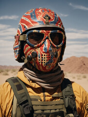 Portrait of a soldier. He is wearing colorful metal mask, sunglasses and helmet in the desert.