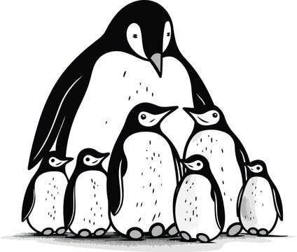 recommend clip art: Penguin family on white background. Hand drawn vector illustration.