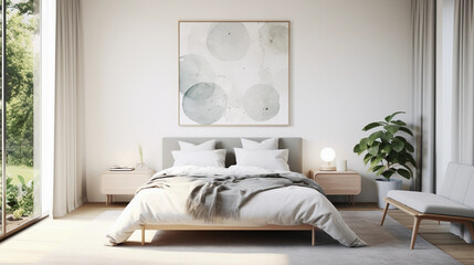 modern, Scandinavian style bedroom with art on the wall, minimalist hotel room in beautiful light colours