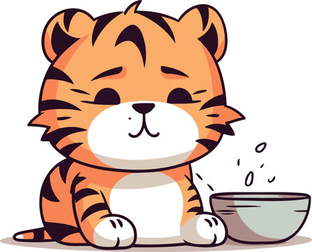 recommend clip art: Vector illustration of a cute little tiger with a bowl of porridge.