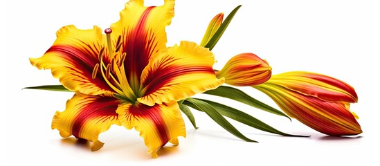 A daylily with yellow and burgundy petals scientifically known as Hemerocallis captured against a white backdrop