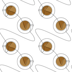Espresso coffee cups. Hand drawn vector background. Line continuous seamless pattern. Cartoon linear backdrop. Hot drink doodle illustration. Kitchen wallpaper, print, card, banner.