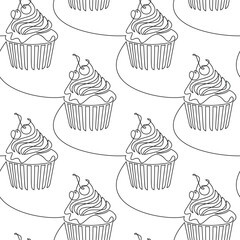 Hand drawn cupcake muffin cherry cake seamless pattern vector. Cartoon linear dessert backdrop. Line continuous illustration. Kitchen wallpaper, cooking background, print, banner.
