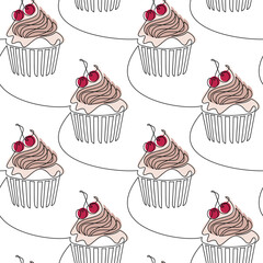Vector hand drawn doodle illustration. Cupcake muffin cherry cake seamless pattern. Cartoon dessert backdrop. Kitchen wallpaper, line continuous background, graphic print, banner.