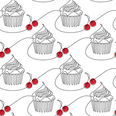 Hand drawn illustration vector. Cupcake muffin cherry cake. Seamless pattern. Dessert backdrop. Line continuous doodle illustration. Wallpaper, background, graphic print, banner. 