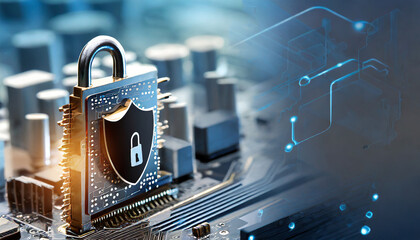secure connection or cybersecurity service concept of compute motherboard closeup and lock with login and connecting verified credentials as wide banner design with copyspace - obrazy, fototapety, plakaty