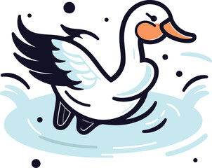 Cute swan flying in the water. Vector illustration in cartoon style.