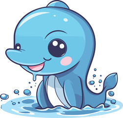 Cute cartoon blue whale swimming in the water. Vector illustration.