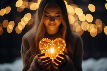 Woman hold glowing heart in hands against blurred background with bokeh lights. Love and romantic emotion concept. - obrazy, fototapety, plakaty