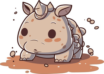 Cute rhinoceros in mud. Vector illustration isolated on white background.