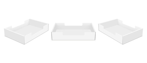 Empty Tray Mockup. Cardboard Boxes Front and Side View, Isolated On White Background. Vector Illustration
