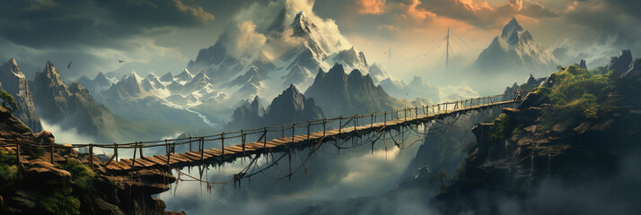 Suspension bridge in the mountains. - obrazy, fototapety, plakaty