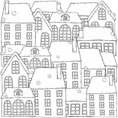 Pattern for coloring book with artistically houses. Street background. Pattern for coloring book. Zentangle. Black and white pattern in vector.