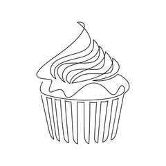 Hand drawn vector cupcake muffin creamy cake. Dessert line continuous drawing. Linear ice cream icon. Minimal illustration, print, banner, card, logo, sign, bakery symbol, menu.