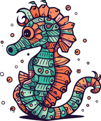 Hand drawn sea horse. Vector illustration in doodle style.