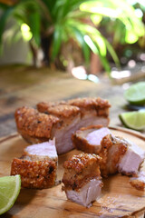 crackling, fried pork skin pururuca, pork pancetta brazilian food