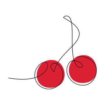 Red cherry berries icon. Hand drawn vector. One line continuous drawing. Fine art minimal illustration, linear silhouette. Graphic design, print, banner, card, sign, symbol, logo.