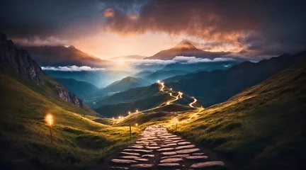 Foto op Plexiglas Road made of stones on a green grass meadow creating a path, leading to far mountains and valleys, glowing lamps all along the path, path to success concept © Nemanja