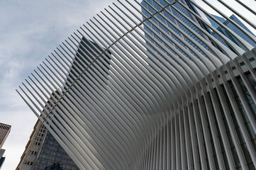 View from the bustling streets of Lower Manhattan, showcasing an iconic tower soaring into the cloud