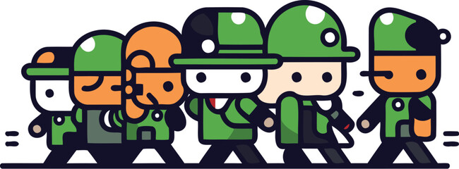 Cartoon soldiers line art vector illustration. Group of soldiers in uniform and helmets.