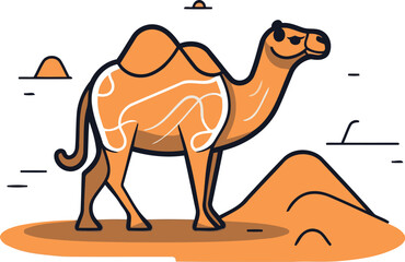Camel in the desert. Vector illustration in flat linear style.