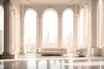 Photo sur Plexiglas Vieil immeuble Beautiful historical white pillars made of stone reflecting on the shiny white floor, city skyline in the background. Old style house structure
