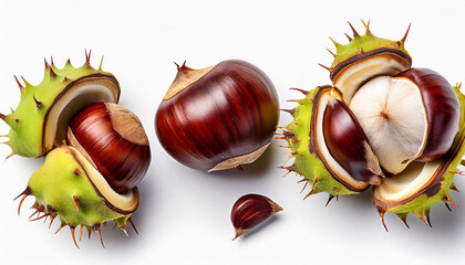 Fresh Horse Chestnut isolated on white background. Autumn creativity layout with Chestnuts Top view. Flat lay - obrazy, fototapety, plakaty