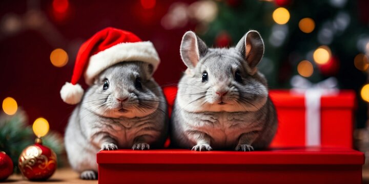 Two Cute gray chinchillas posing on a red Christmas background wearing red Santa Claus hats. Conceptual digital painting illustration. Generative AI
