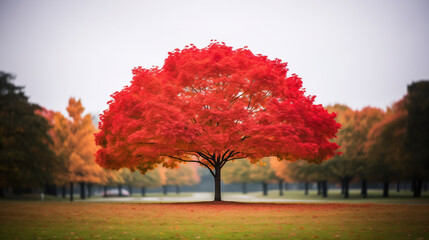A Red Tree is in the middle of Amongst Lush Park Greens, Translucent Color.