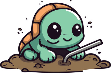 Cute cartoon turtle is digging in the ground. Vector illustration.