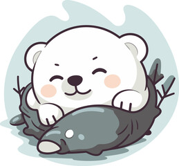 Cute polar bear sleeping on a tree branch. Vector illustration.