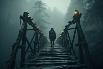 Men walking across a bridge in the dark and fog. View from backside.