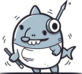 Fototapeta premium Cartoon illustration of a shark holding a spear and a knife.