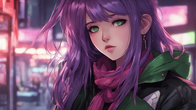 cartoon anime-inspired, anime          She has long purple hair and green eyes and wears a black leather jacket and a red scarf