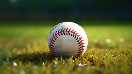 Close-up of baseball on grass field with blurred background