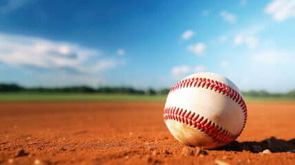Baseball on dusty pitch with blue sky in background - Powered by Adobe