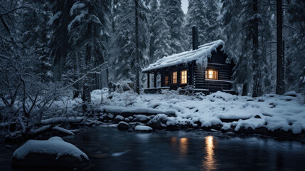 Cozy cabin with lit windows in snowy forest by a stream at dusk