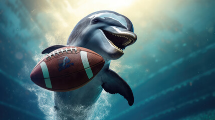 Smiling dolphin with American football underwater, sunrays shining through ocean