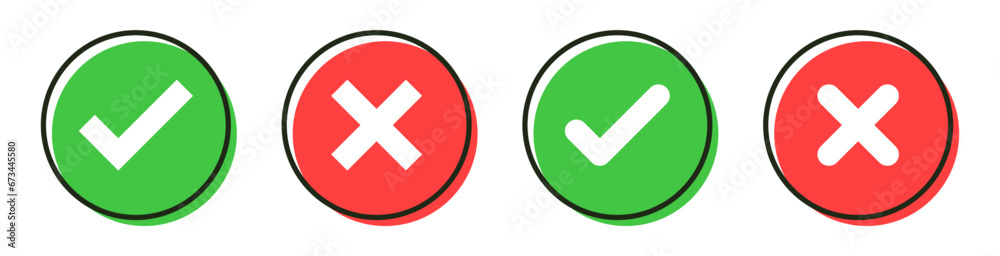 Aufkleber check mark icon button set. check box icon with right and wrong buttons and yes or no checkmark icons in green tick box and red cross. Line flat style. vector illustration