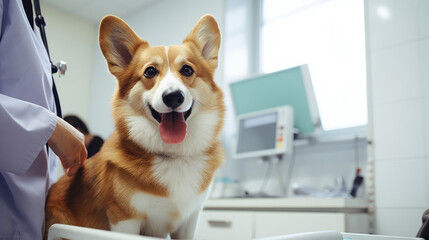 Photo of a corgi dog in a veterinary clinic - obrazy, fototapety, plakaty