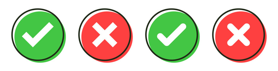 check mark icon button set. check box icon with right and wrong buttons and yes or no checkmark icons in green tick box and red cross. Line flat style. vector illustration © icons gate