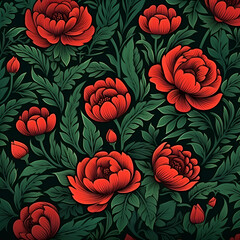 Seamless abstract pattern with red flowers on dark background