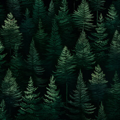 Seamless abstract pattern with dark green pine trees on dark background