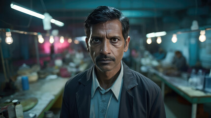 Obraz premium Portrait of a serious Indian man in a market with blurred lights and people in background