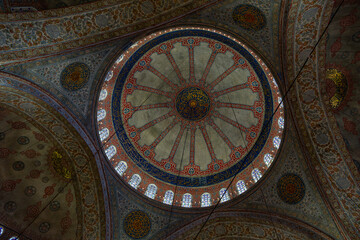 Interior of the Sultan Ahmed Mosque (Blue Mosque). Details from inside the historical Sultanahmet Mosque in Istanbul. Turkish Islamic art, history and tourist attractions of Istanbul. Ramadan.