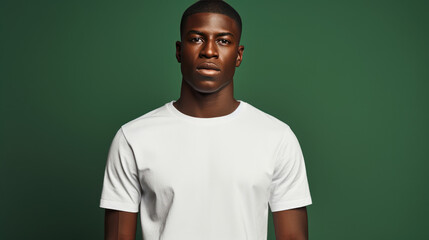 Stylish African American man in white t-shirt, profile view, fashion model, vibrant green background, mock-up