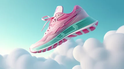 Foto op Canvas A captivating shot featuring a women's sneaker in flight, its striking colors and fashionable design highlighted against a pure white backdrop. © Sajawal