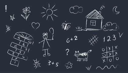 set of doodle drawings drawn child’s hand with chalk asphalt or on school blackboard. Hopscotch, tic-tac-toe, girl, house, flowers, sun, moon, butterfly, icons. White lines on dark background - obrazy, fototapety, plakaty