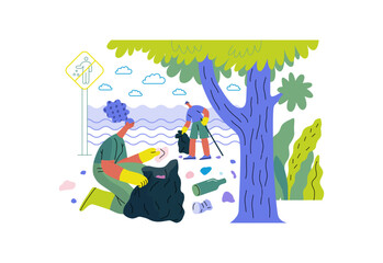 Mutual Support: Cleaning up trash, Garbage collection -modern flat vector concept illustration of people collecting trash on the beach A metaphor of voluntary, collaborative exchanges of resource